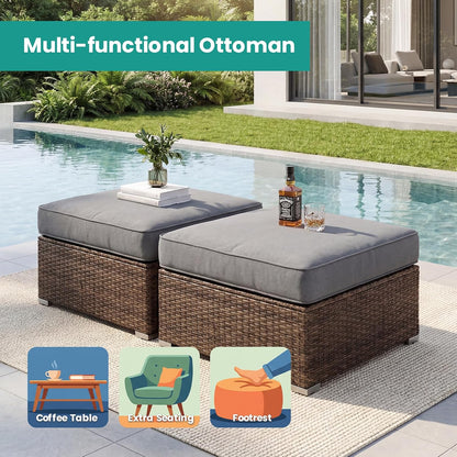 SUNBURY 2 Piece Outdoor Wicker Patio Ottoman Set, 30" Large Square Footrest with Thick Removable Cushion, All-Weather PE Rattan Stool for Backyard Poolside Porch, Grey