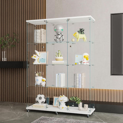 4 Shelves Glass Display Cabinet with 2 Doors Extra Large Display Case Curio Cabinets with Whees & Lock,Glass Bookshelf Storage Collection Display Case for Living Room,47.71"W x 14.37" D x 66.53"H
