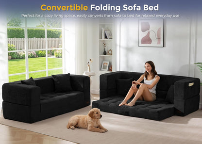 MAXYOYO Folding Sofa Bed, Convertible Loveseat Couch with Pillow | 3-Seat Foldable Floor Sofa Bed with Back Support, Tufted Floor Couch with Side Pocket & Armrests for Living Room, Apartment