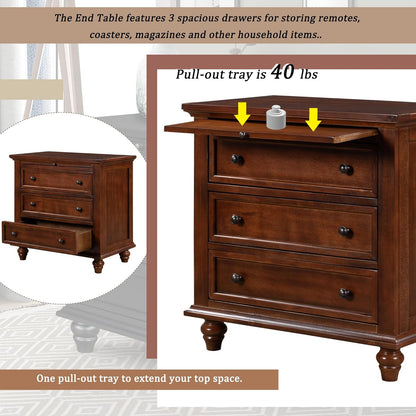3-Drawer Storage Wood Cabinet, End Table Set of Two with Pull Out Tray,Nightstand with 4 Round Wood Legs,for Bedroom LivingRoom Office Study (Brown@3)