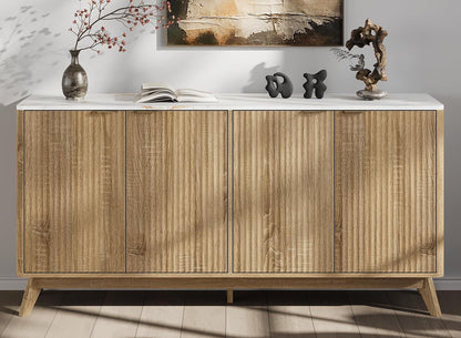 59'' Sideboard Buffet Cabinet with Storage, Fluted Cabinet with Rounded Corners, Modern Buffet Table Accent with 4 Doors for Coffee Bar, Console Table,Oak