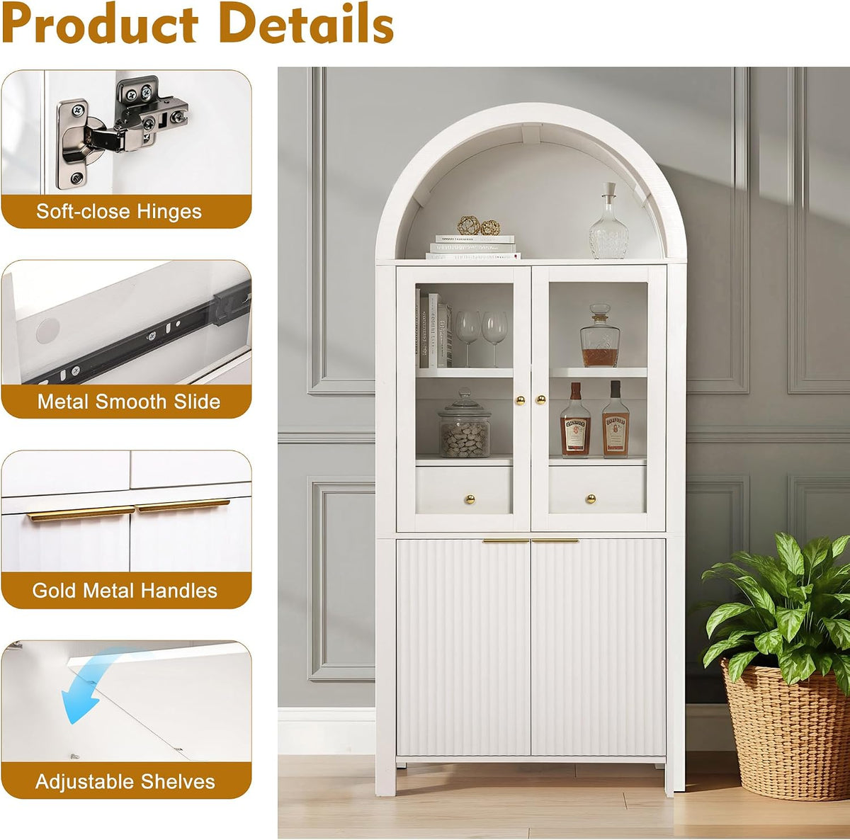 71" Fluted Tall Arched Kitchen Pantry with Glass Door, Farmhouse Storage Cabinet with Adjustable Shelves & Hidden Drawer for Kitchen, Living Room, Dining Room, White