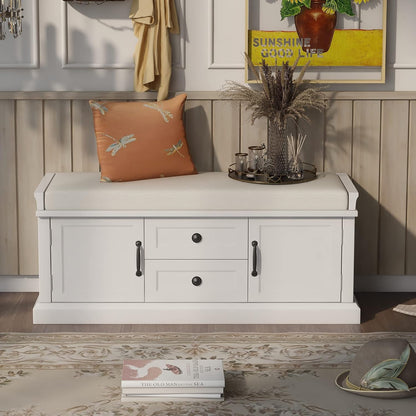 GDFStudio Jasd 42.50" Storage Bench with 2 Drawers and 2 Cabinets, Shoe Bench with Removable Cushion, Solid Wood Frame Storage Ottoman, Rectangular Cabinet Shoe Seat for Living Room Entryway, White