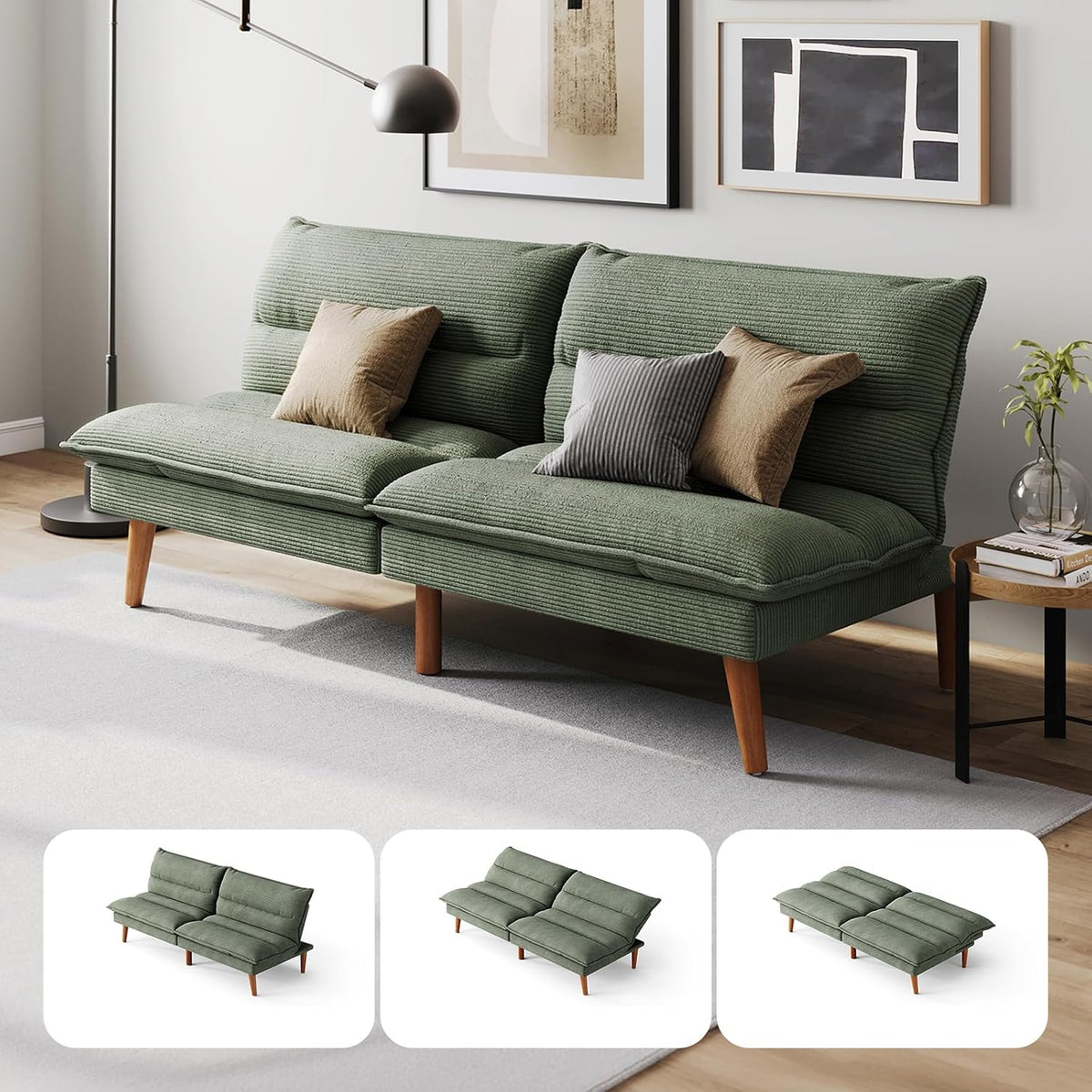 LINSY HOME Futon Sofa Bed - Convertible Corduroy Futon Couch Bed with Adjustable Backrest, Modern Small Loveseat Sleeper Sofa for Small Spaces, Living Room, Apartment or Office (Green)