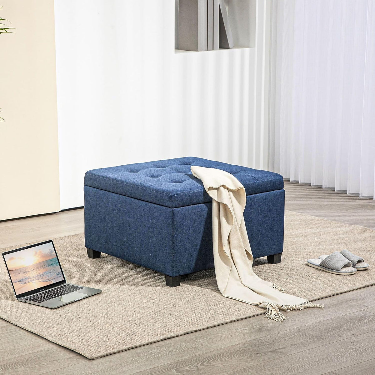 Round Storage Button Tufted Flip Top Ottoman in Luxurious Blue Velvet with Premium Upholstery and Comfortable Elegant Design