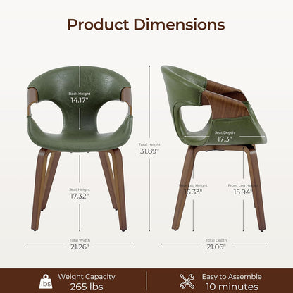 Zouron Mid Century Modern Dining Chair, Faux Leather Armchair with Wooden Legs, Padded Upholstery Accent Desk Chair No Wheels for Living Room Kitchen, Green