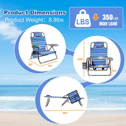 DIAMONDFORGE 2 Pack Lightweight Portable Beach Chair for Adults, 350 LBS Capacity Backpack Beach Chair, Reclining Beach Chair with 5-Position Lay Flat, Large Cup Holder for Beach Camping Sports
