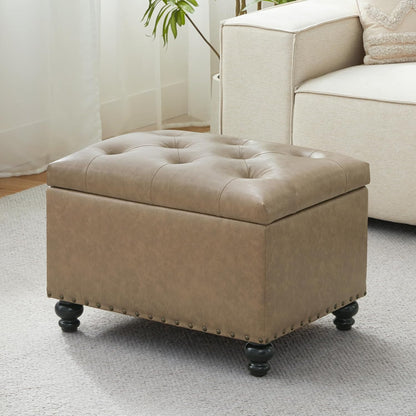 Zihanhome Leather Ottoman with Storage, Upholstered Button Tufted Ottoman Foot Rest, Foot Stools, 24" Rectangle Ottomans with Storage for Living Room, Bedroom, Dorms and Apartments (Taupe Brown-PU)