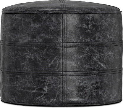 SIMPLIHOME Connor 18" Wide Round Pouf in Distressed Black Genuine Leather