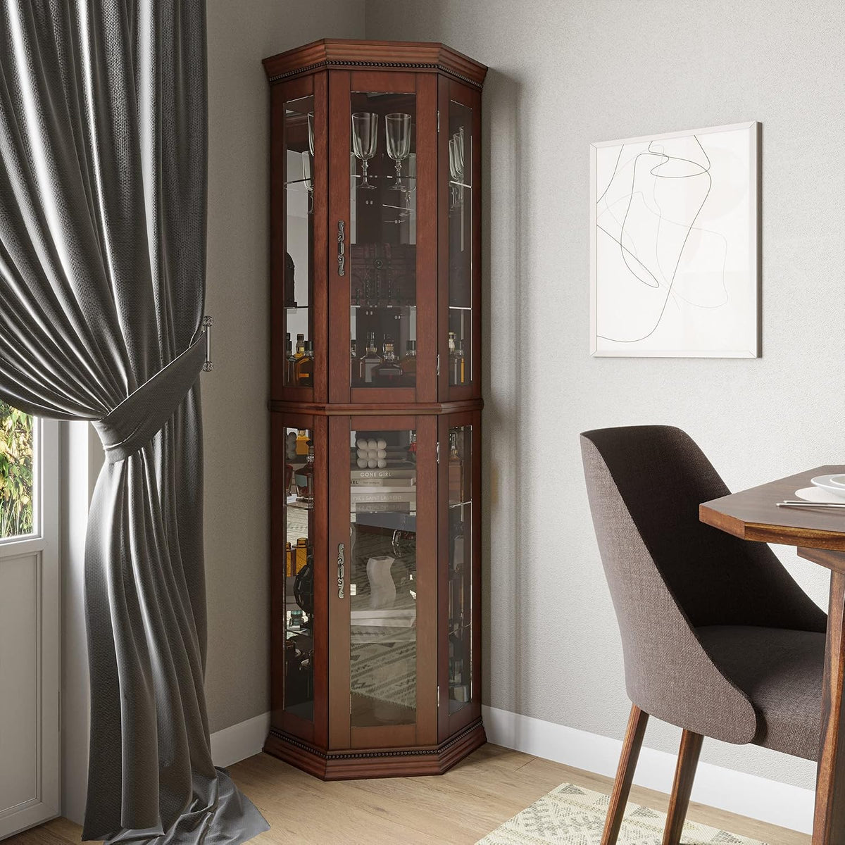 BELLEZE Lighted Wooden Corner Display Curio Cabinet, Two Section Shelving Unit with Tempered Glass Door, Bar and Liquor Storage Area with 6 Shelves - Lorona (Walnut)