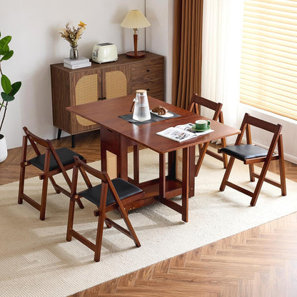 VINGLI 5-Piece Folding Dining Table Set, Extendable Drop Leaf Solid Wood Table with 4 Chairs, Drawers & Wheels, Space-Saving Design for Kitchen, Walnut