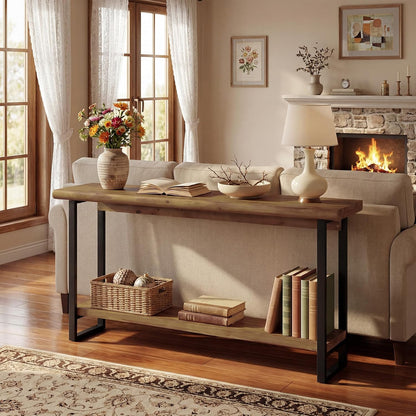 Solid Wood Live-Edge Console Table for Entryway, Farmhouse 63-Inch Narrow Long Sofa Table Behind Couch with Unique Shape, Heavy-Duty Metal Legs, Ideal for Foyer, Entrance, Living Room