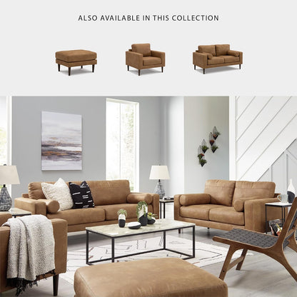 Signature Design by Ashley Telora Faux Leather 3 Seater Sofa Couch, Caramel | Medium plush fiber-wrapped foam seating, Track arms, Loose back cushions, Mid-century modern style