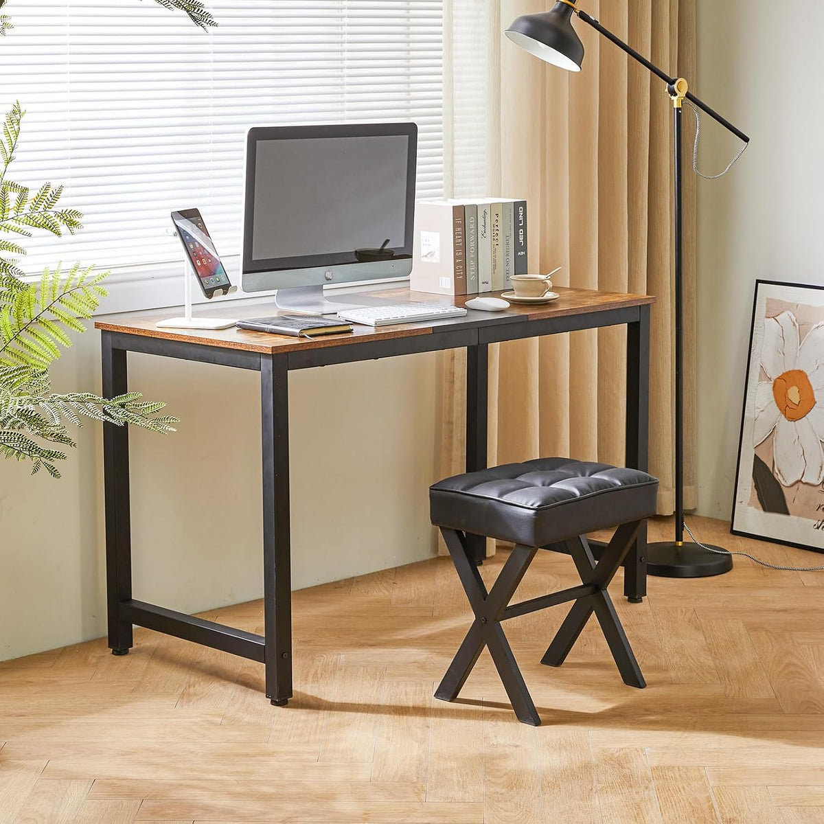 IBUYKE Square Makeup Stool with X-Leg, PU Vanity Chair, Black LG-71B | Footrest Ottoman Seat Multi-Use Small Side Table Bedroom Living Room