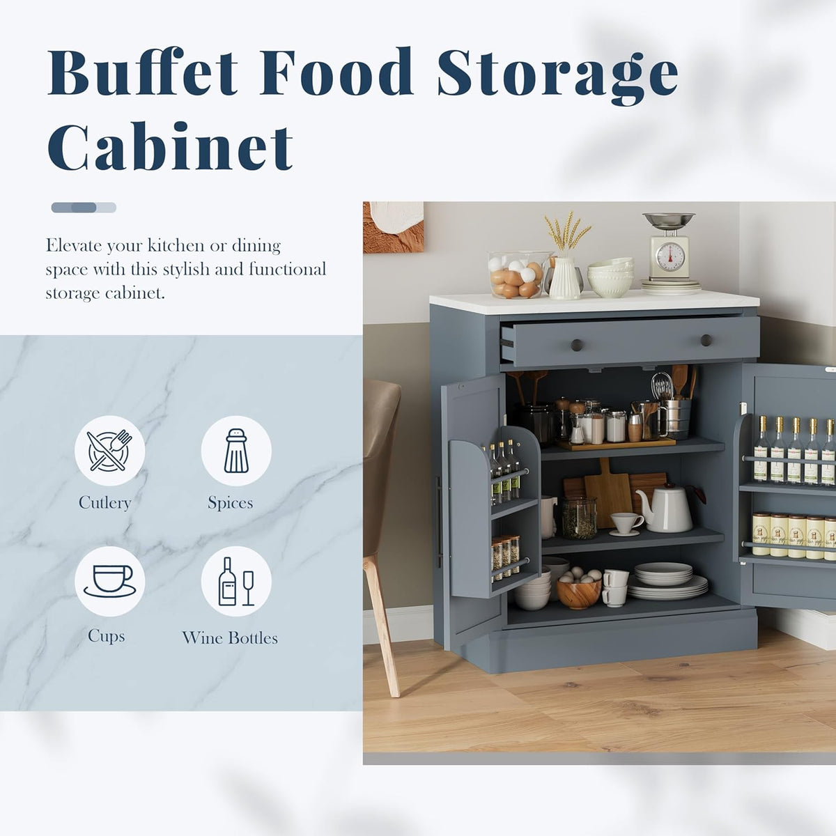 Modern Freestanding Kitchen Pantry & Buffet Food Storage Cabinet with Drawer, 2 Adjustable Shelves, 2 Door Shelves, Faux Marble Countertop - Ideal for Dining, Kitchen, and Coffee Bar (Gray)