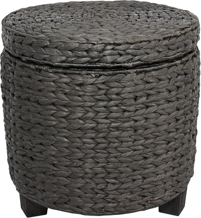 happimess Addie Handwoven Water Hyacinth Storage Ottoman 17.72", Black | Removable Lid, Coastal Foot Rest, 11 Gallon Capacity, Lined Interior, Wooden Legs, Entryway Seating, Holds 150 Lbs