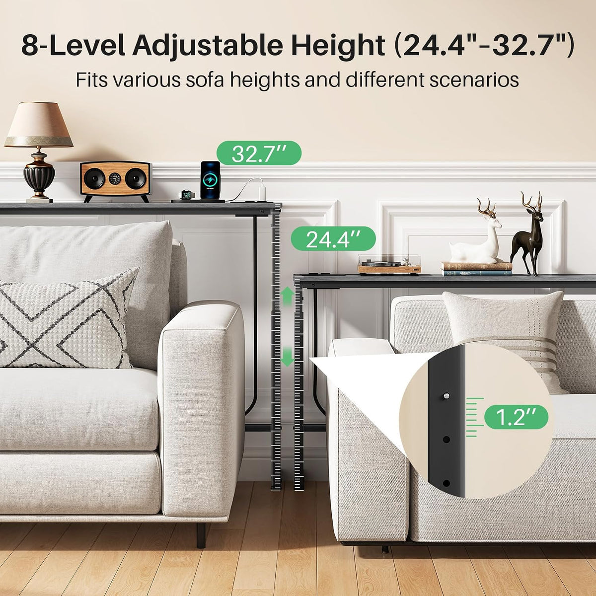 Kitstorack Narrow Sofa Table with Charging Station, 78.8" Behind Couch Table, Adjustable 24.4"-32.7" Height, Modular 2-piece Design for sectionals, entryways, Apartments, and Narrow Living Spaces