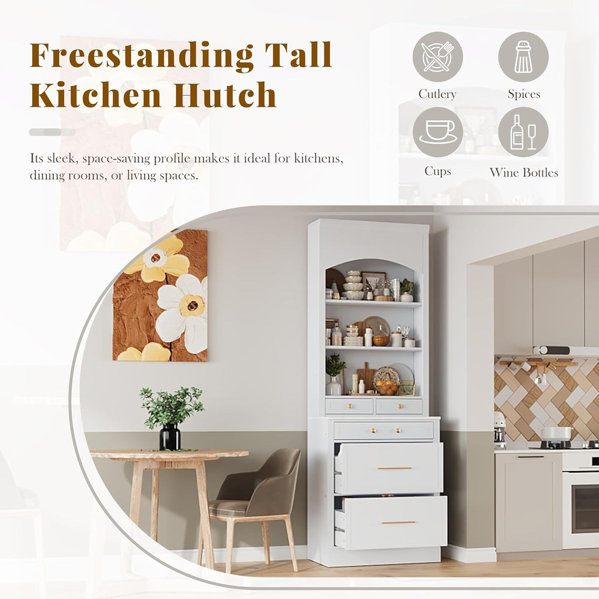 Set of 2 Tall Kitchen Pantry Storage Cabinet with Faux Marble Top, Freestanding Pantry Cabinet with 5 Storage Drawers and Adjustable Shelf Modern Kitchen Hutch Display Cupboard Food Cabinets, White