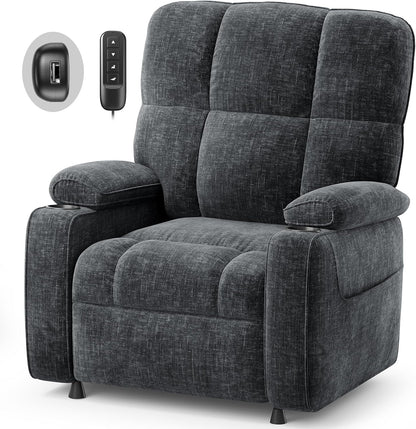 AMADA HOMEFURNISHING Power Recliner Chair for Adults, One-Touch Synchronized Electric Recliner with USB Ports, Cup Holder & Side Pockets, Thick Seat Cushion, Chenille, Living Room & Bedroom