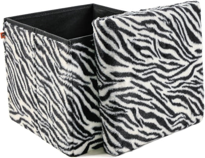Luxe Faux Fur Storage Ottoman, Zebra Black/White, 15 x 15 x 15 in | Engineered Wood, Tool-Free Assembly, Modern Style, Seat And Footrest