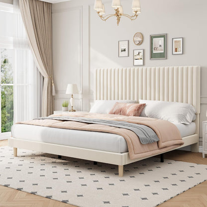 GAOMON King Size Bed Frame, Velvet Upholstered Platform Bed, Beige