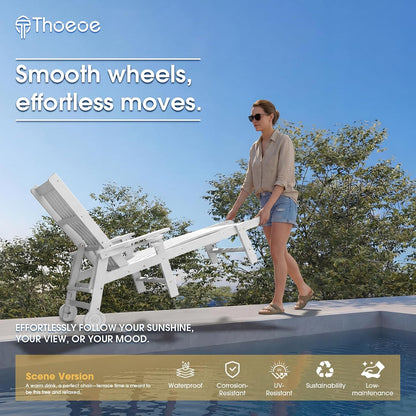 THOEOE Patio Chaise Lounge Chair,HDPE Lounge Chair Outdoor with Wheels | Oversized pool lounge chairs with cup holder, 5 adjustable position for patio,outside,pool,deck