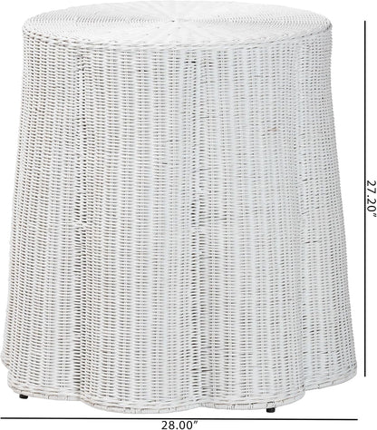 Bali & pari Palm Scallop Rattan Console Table – Handwoven Wicker Round Accent Table for Living Room, Sunroom or Foyer Place, Coastal Boho Style in White