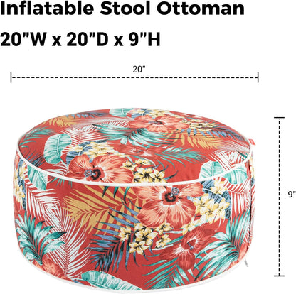 Outdoor/Indoor Inflatable Ottoman Pouf D20 xH9, All Weather Round Footstool with Handle, Water Repellent Portable Footrest for Patio Garden Camping Travel-Chili Red Floral