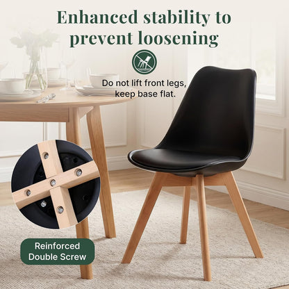 Dining Chairs Set of 8, PU Leather Padded Seat for Living Room | Modern, Upholstered Kitchen Chairs, Thick Cushions, Curved Back, Solid Wood Legs, Apartment, Restaurant, Black