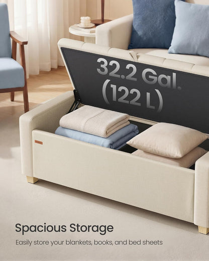 SONGMICS Storage Ottoman, 48 Inches Long Bed End Stool, Solid Wood Legs | Buttons Decoration, Non-Slip Foot Pads, 661.4 lb Load Capacity, Summer Sand, MACEO Collection ULOM511LF01