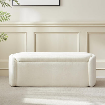 VKNOW Storage Bench, Upholstered Storage Ottoman Bench with Hinge, Cream | Ottoman Bench with Large Capacity, Curved Frame, Soft Fabric, Storage Bench for Bedroom, Living Room, Entryway