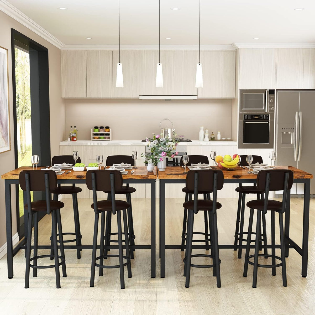 Lamerge Bar Table Set for 4 Kitchen Table and Chairs Set, Industrial Dinner Table with 4 PU Upholstered Stools Kitchen Pub Table for Kitchen, Space Saving, Restaurant (Rustic Brown and Black)