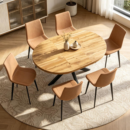 7-Piece Extendable Round Dining Table with Chairs Set for 6, 43"-59" Kitchen Dining Table Set with Heavy Duty Leg for Dining Living Room Apartment(Oak Table + 6 Brown Chairs)