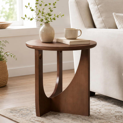 100% Solid Wood Round Side Table, 19.7'' Walnut Brown Small End Table, Sofa Side Table with Sculptural Curved Base, Minimalist Accent Table for Living Room, Bedroom, Reading Nook