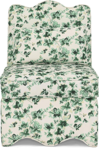 Ball & Cast Flannel Upholstered Armless Chair, Classic American Style Flower Design Fabric Dining Chair, Comfy Farmhouse Accent Chair with Padded Seat and Backrest for Living Room Kitchen, Green
