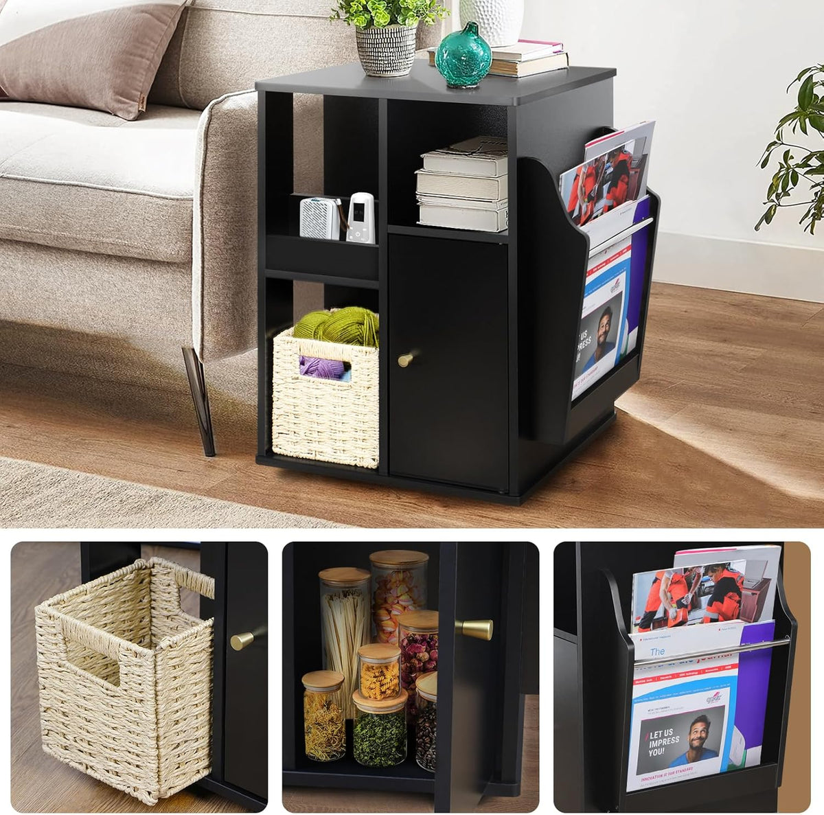 TooCust Rotating End Table with Storage, Square Rotating Side Table Living Room, Side Table with Magazine Holder, Basket and Cabinet, Swivel End Table with Multiple Storage (Black)