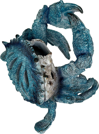 Crab Wine Bottle Holder, 8 Inch Turquoise Resin with Coral-Look Center | Raised Claws, Shell Ridges, Textured Legs, Distressed Whitewashed Finish, Open Center for Angled Display