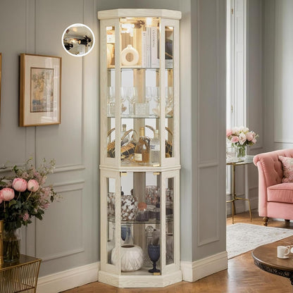 Corner Curio Cabinet, 70" H Lighted Glass Display Cage with Tempered Glass Doors and Adjustable Shelves, Bulb Inclued, Wine Bar China Cabinet for Living Room Liquor Storage (White)