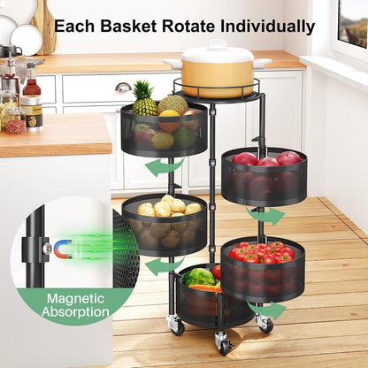 SAYZH 5 Tier Fruit Vegetable Basket Stand for Kitchen, Rotating, Black | Rolling Storage Cart with top lid, Large Metal Wire Rack for Potato and Onion Storage