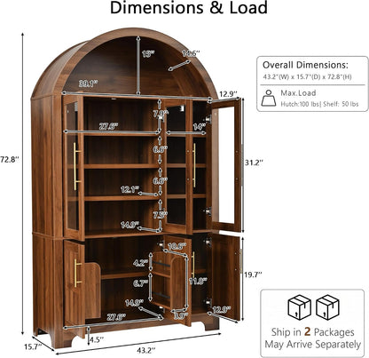 Merax 72.8" H Arched Kitchen Pantry with 3 Glass Doors, Kitchen Cabinet with Door Shelves and Adjustable Shelves, Wooden Cupboard for Dining Room, Living Room or Kitchen, Walnut