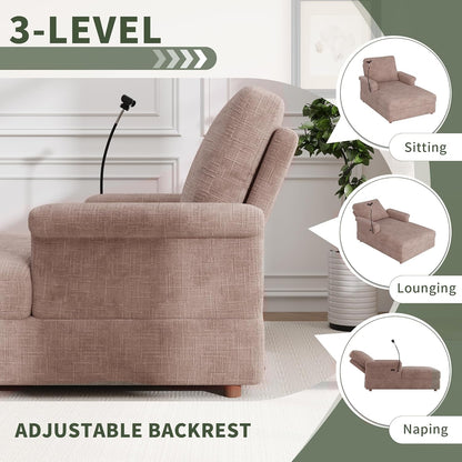 EJUNQ 66.5" Oversized Chaise Lounge Chair Indoor，Cozy Sofa Bed with Phone Holder and USB Charger，Upholstered Deep Seat Sleeper Sofa Bed，Comfy Single Sofa Armchair for Living Room -Brown