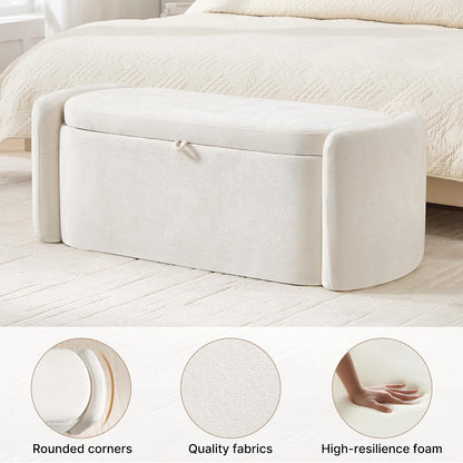 Oval Storage Ottoman Bench, 45" Upholstered Chenille End of Bed Bench Ottomans Bench, Storage Ottoman Foot Rest, Living Room and Hallway, Beige