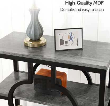 End Table Set of 2, Narrow Side Table with 3-Tier Storage Shelves, Wood Sofa Side Table with Geometric Metal Frame for Living Room, Industrial Bedside Nightstand for Bedroom (Gray)