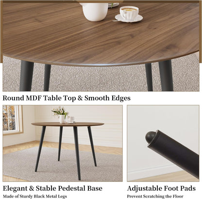 HIPIHOM 43.3 Inch Walnut Round Dining Table for 4, Space-Saving Dinette Perfect for Kitchen Dining Living Room(Walnut Table)
