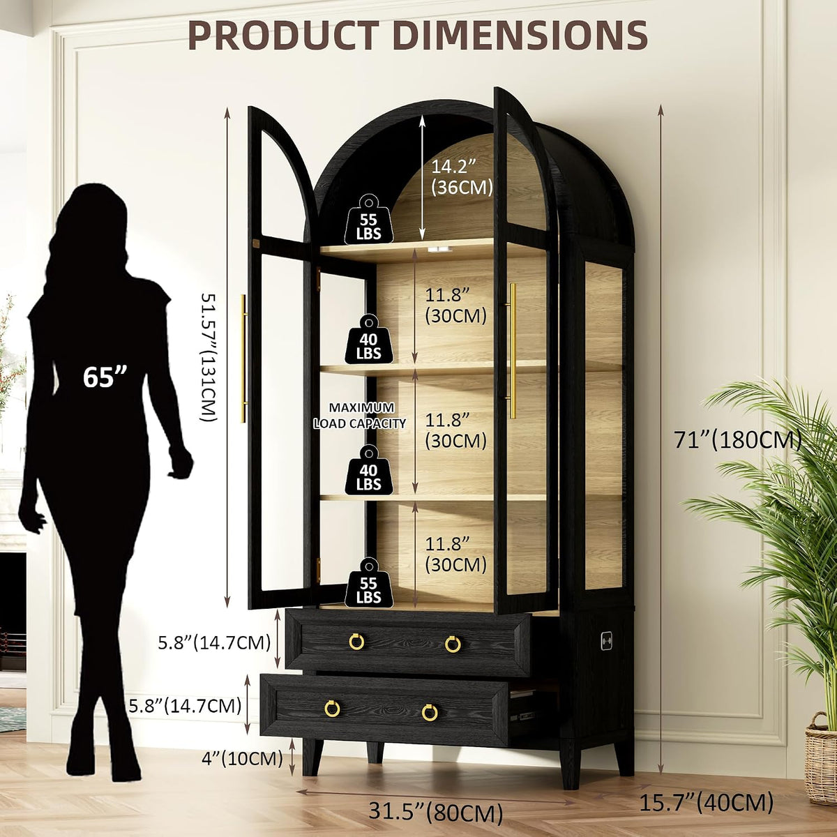 Vlsrka 71" Arched Curio Cabinet with Glass Doors, 4-Shelves Display Cabinet and 2 Drawers, Display Case with 3 Color Lights, Tall Bookcase, Kitchen Pantry, Black+Wood