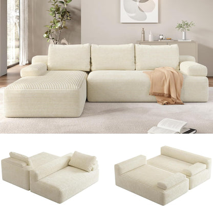 Yaheetech 110" Sectional Sofa Couch with Chaise, Beige | Sectional Sofa Cloud Couch Corduroy Modular L-Shape Couch No Assembly Sofa with Detachable Pillow for Living Room Guest Room