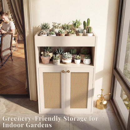 Rattan Bathroom Storage Cabinet, Freestanding Floor Organizer with Anti-Tip Devices and Adjustable Shelf, Kitchen Pantry for Living Room, Dining Room, White