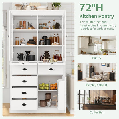 Polibi Large 72" H x 40" W Kitchen Pantry Cabinet Freestanding Storage with Glass Doors, Adjustable Shelves & Drawers, Serving Trays for Coffee Bar or Dining Room, White