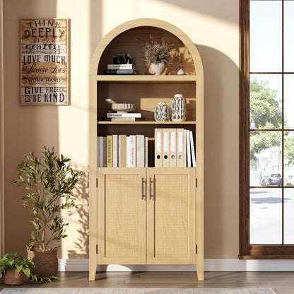 IDEALHOUSE Arched Kitchen Pantry Cabinet with Doors - 5-Tier Open Display Shelf with Rattan Decor, Farmhouse Storage Cabinet for Kitchen, Dining Room, Living Room, Natural