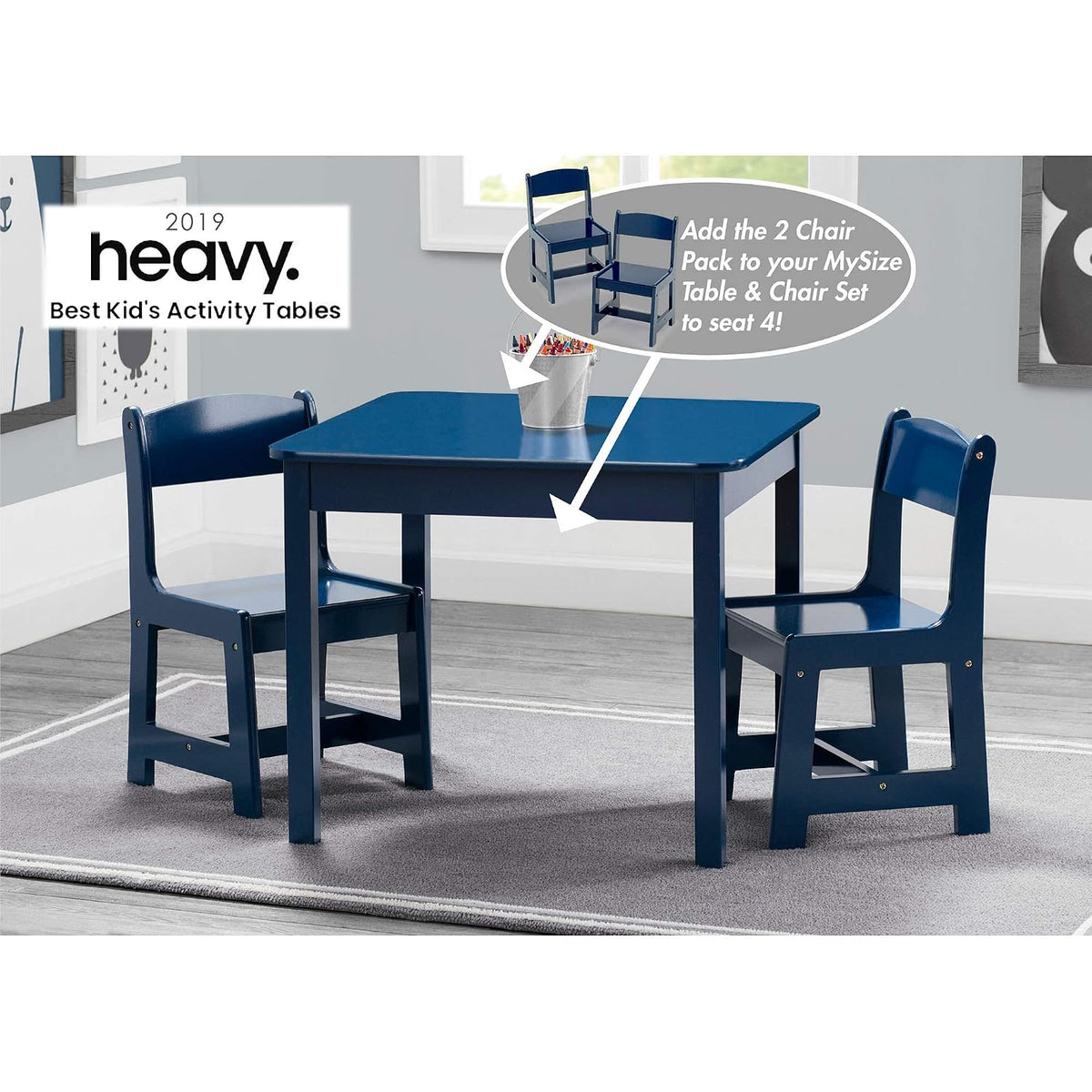 Delta Children MySize Kids Wood Table and Chair Set (2 Chairs Included) & Sling Book Rack Bookshelf for Kids - Easy-to-Reach Storage for Books, Magazines or Coloring Books, Grey/Blue
